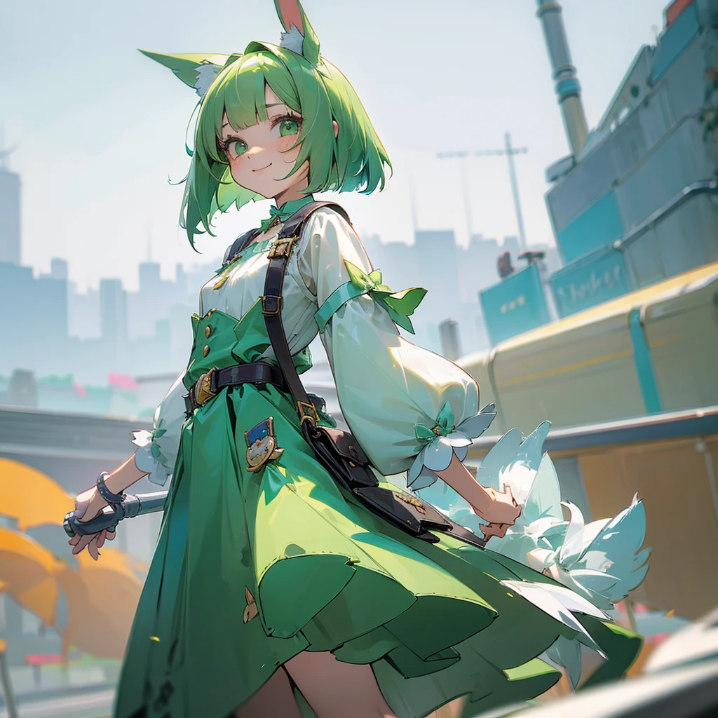 long Green rabbit ears, green animal ears, a girl, bob cut, green hair, green eyes, alone, short,  (Lolita), (childhood), (tiny) smile, overall, belt, waist bag, waist pouch, kawaii, cute,face, 1900 age, City