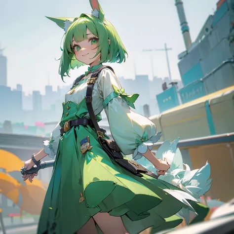 long green rabbit ears, green animal ears, a girl, bob cut, green hair, green eyes, alone, short,  (lolita), (childhood), (tiny)...