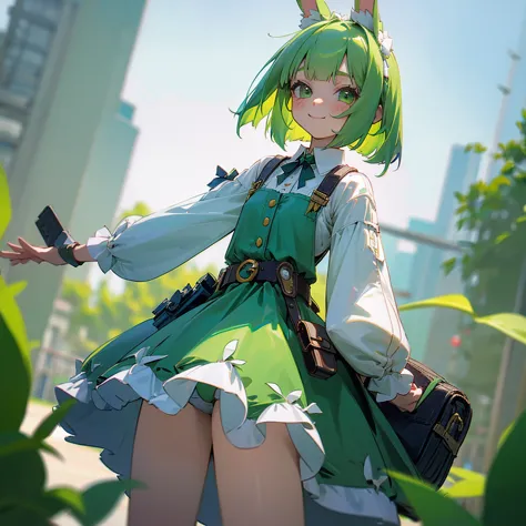 long green rabbit ears, green animal ears, a girl, bob cut, green hair, green eyes, alone, short,  (lolita), (childhood), (tiny)...