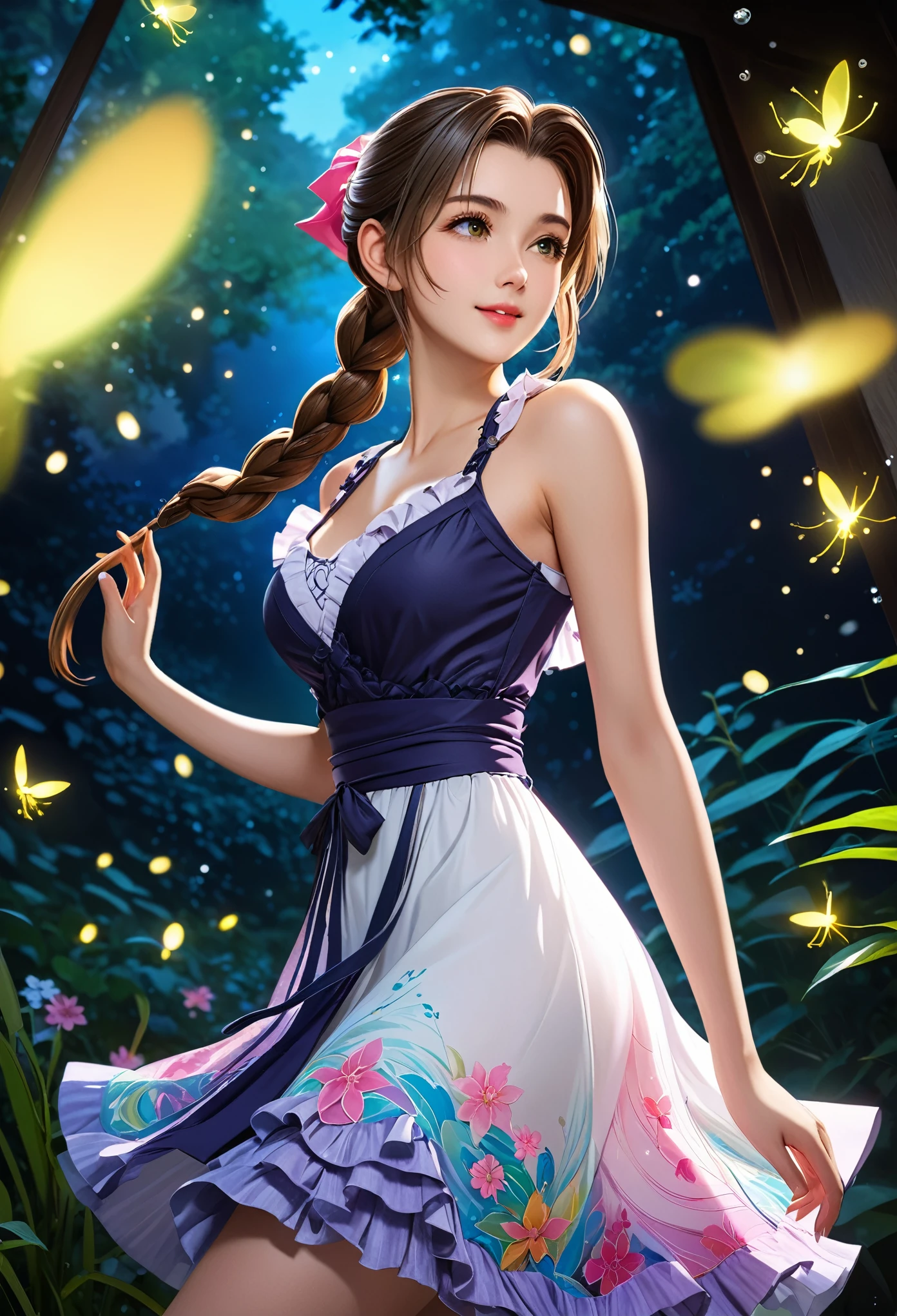 Armpit Show,(((masterpiece))),((Highest quality)),beautiful girl, Aerith, Sexy witch, bangs、(Long Hair, Braided Ponytail:1.5)、(((Healthy body shape, Large, firm, swaying bust, Deep valley)))、2、Translucent white skin, Shining Sweat, (A gorgeous, intricately patterned, colorful ruffle dress:1.5)、Japanese Girls、 Beautiful digital art, Beautiful fantasy art, Dynamic Selly Pose, A kind smile, Mysterious Background, aura, A gentle gaze, break, Small faint lights and flying fireflies, night, lanthanum,