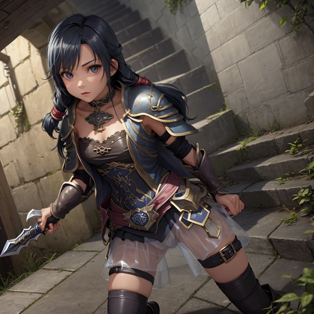 最high quality、high quality、Leather clothing and skirts、Dark blue armor、Girl Adventurer、Climb the stairs of the underground dungeon、Equipped with a dagger and a leather shield、See through、dim