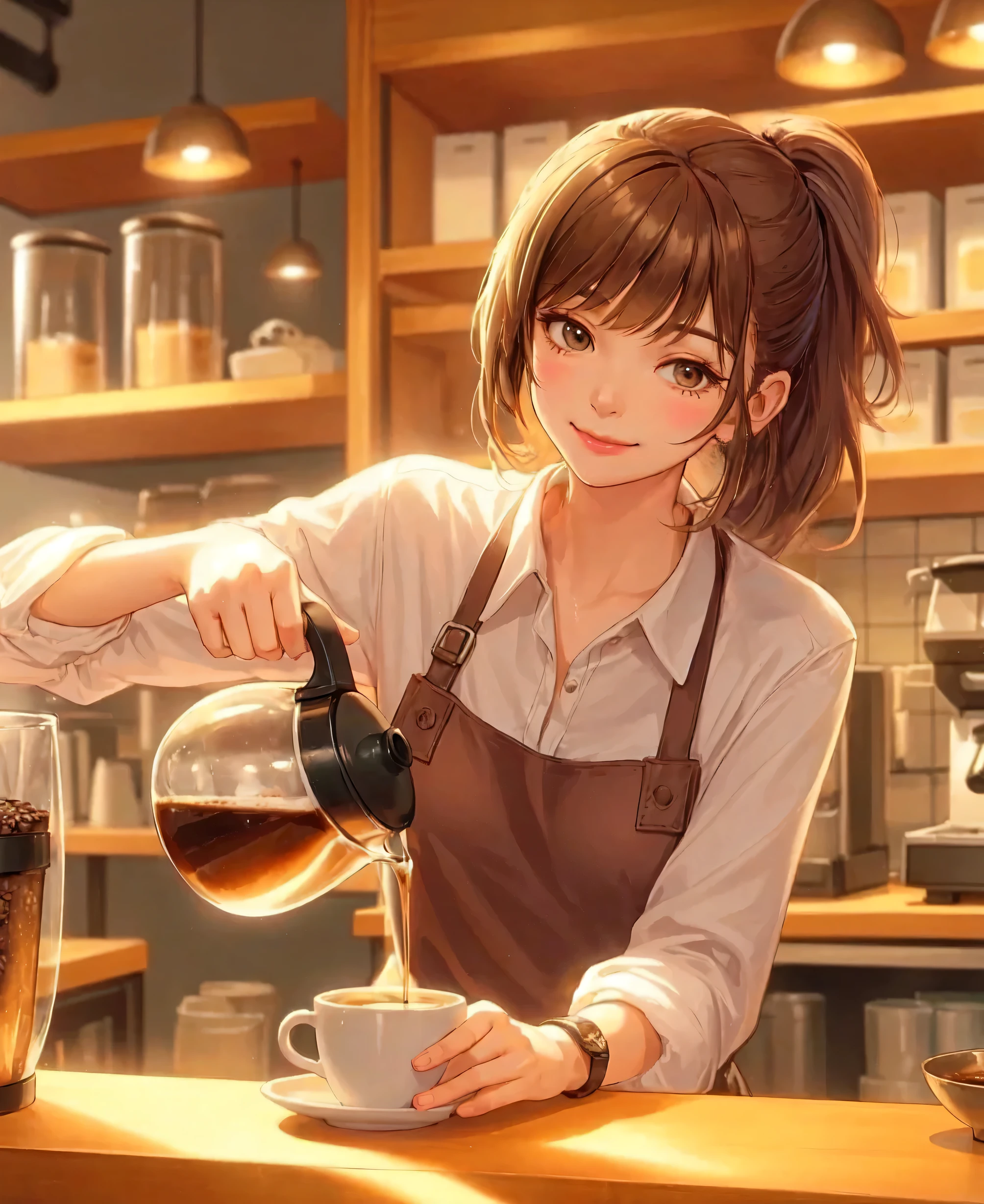 1lady solo, standing, ((pouring coffee into a cup:1.1) on counter), barista, (calm outfit) apron, (mature female:0.8), /(light brown hair/) bangs, (low ponytail), kind smile, (masterpiece best quality:1.2) delicate illustration ultra-detailed, medium breasts BREAK ((holding pot:1.1) in hand), (coffee flowing quietly from the pod) BREAK (cozy cafe) indoors, (shelves with coffee beans and equipment), warm lighting, detailed background