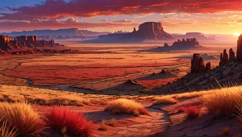 anime aestetics, anime scenery, savanna, big western field, huge canion on the background, landscapes of america, dry grass, red...