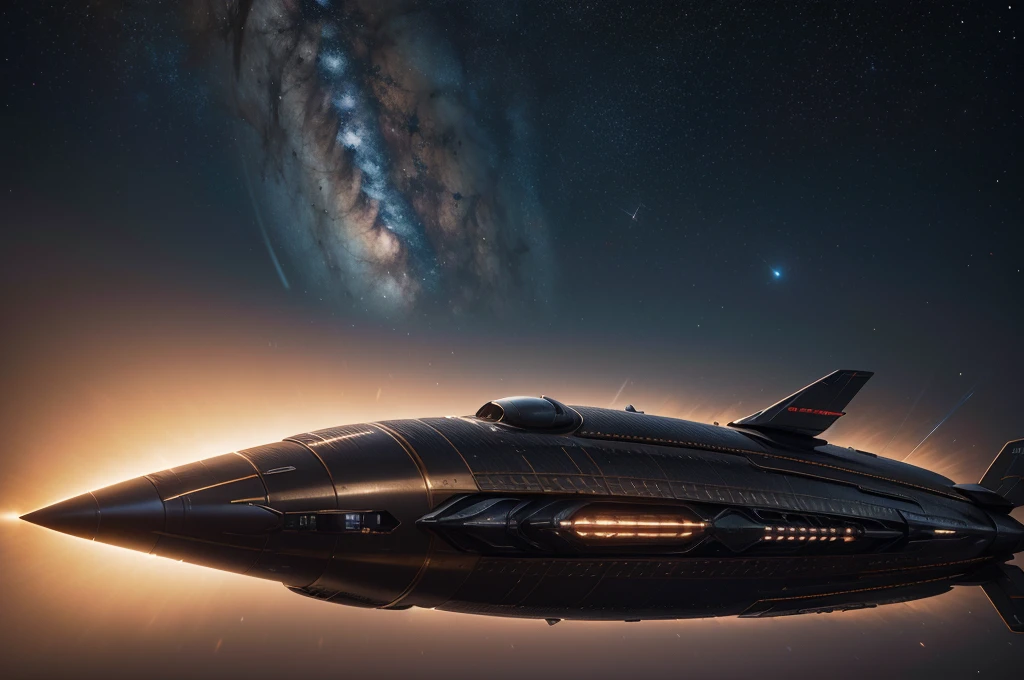 RAW, Best quality, high resolution, masterpiece: 1.3), Beautiful giant space liner, Masterpiece, Sleek design, Realistic, 1 object, Shiny metallic copper surface, Futuristic, Detailed engines, Big windows, Smoke trails, Glowing lights, Surrounded by stars and planets, 3D Octane rendering, ray tracing, super detailing viewer, close-up.

A breathtaking, high-resolution masterpiece showcasing a beautiful space liner. Its sleek design glimmers in the vast expanse of space, boasting intricately detailed engines and large, clear windows. Smoke trails stream behind it as it travels through