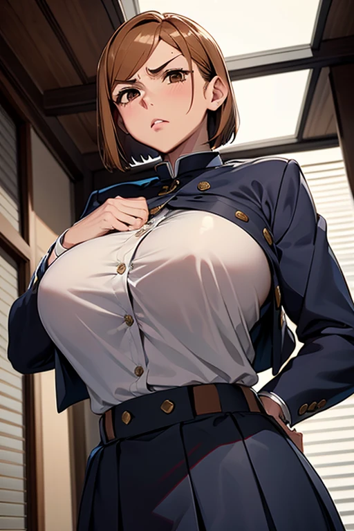 Highest quality、masterpiece、Are standing、View from the front、Big Boobs、Huge breasts、Super Breasts、Big Tits、A uniform that rises to the chest、Underboob、(View from below)、(View from below)、（Looking up from below）、Irritationした、anger、look down、Irritation、kugisaki, bob cut, (brown eyes:1.5), brown hair, lips, short hair, belt, brown belt, brown pantyhose, crop top, crop top overhang, jujutsu tech uniform, jacket, gakuran, pantyhose, pleated skirt, shirt tucked in, skirt, blue skirt, blue crop top、Black uniform and skirt、Wearing clothes、Very large breasts、Lifting the chest