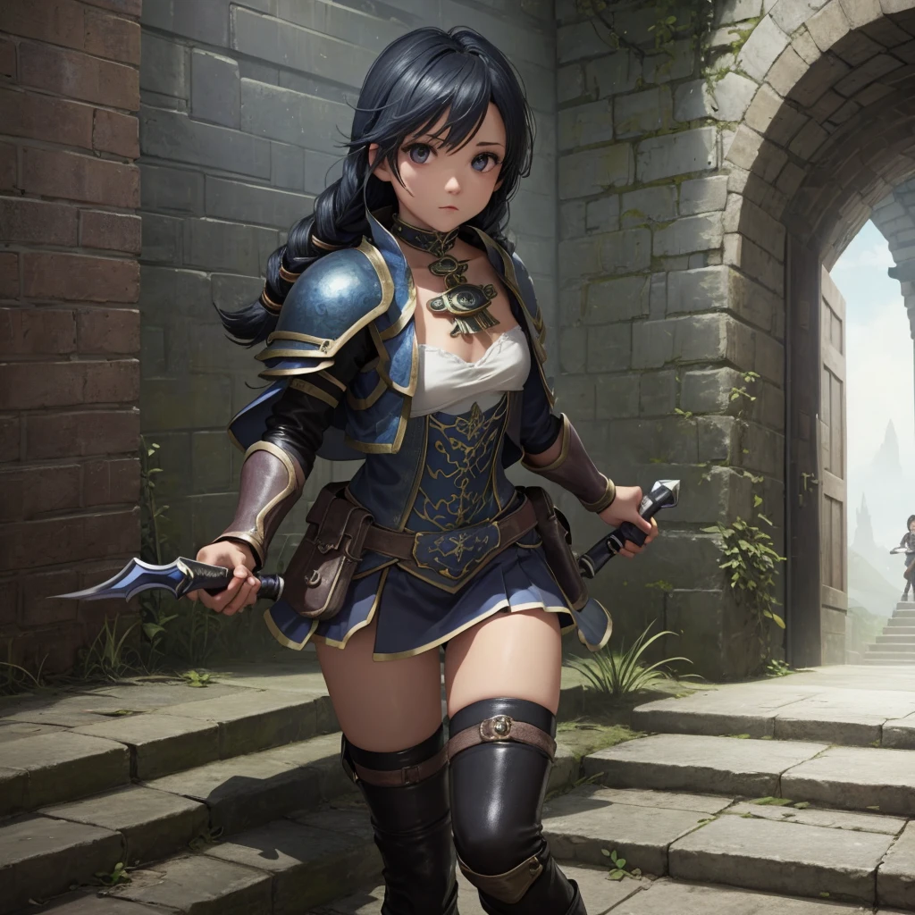 最high quality、high quality、Leather clothing and skirts、Dark blue armor、Girl Adventurer、Climb the stairs of the underground dungeon、Equipped with a dagger and a leather shield、See through、dim