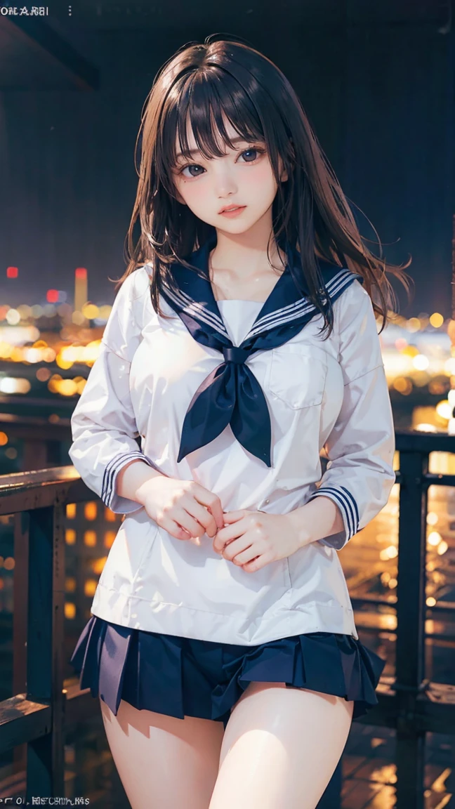 1 girl、(Sailor suit:1.2)、(RAW Photos、Highest quality)、(Genuine、Realistic:1.4)、masterpiece、Very delicate and beautiful、非常にdetailed、2k wallpaper、wonderful、detailed、非常にdetailed CGユニティ 8k 壁紙、非常にdetailed、High resolution、Soft Light、美しいdetailed女の子、非常にdetailed目と顔、美しいdetailed鼻、美しいdetailed特別な目、Cinema Lighting、City lights at night、Perfect Anatomy、Slender body、A light smile、close、(Long hair with bangs)、Large Breasts、Photograph the whole body、Black Long Straight、A beautiful cityscape in the background