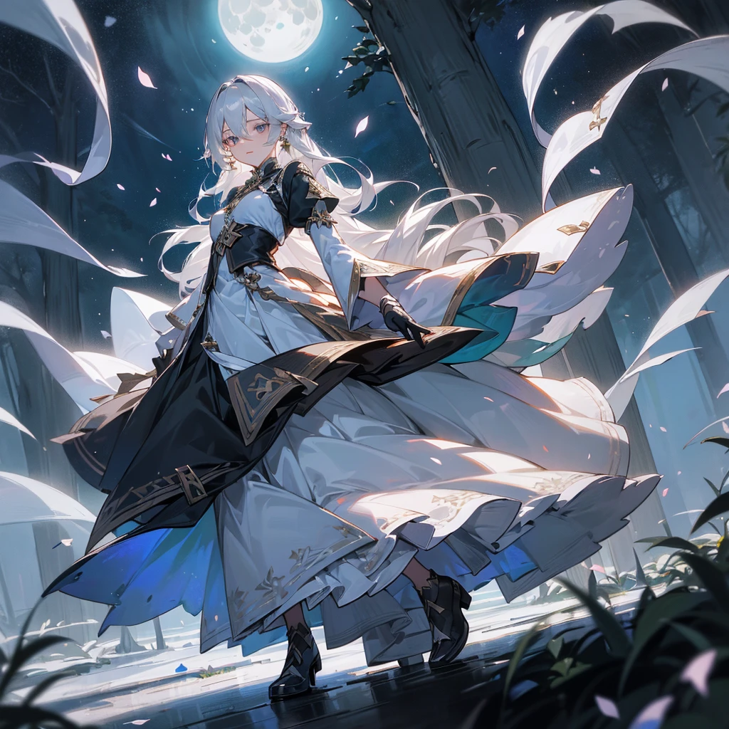 (One woman), ((Ephemeral)), Flower petals are dancing, (((No expression))), Moonlit night, Super long silver hair, Silver eyes like aurora, Noble, Noble, Long sleeves, Black, Long skirt, cool, big moon, in the forest, night sky, black gloves, silver earrings, ((not exposed))