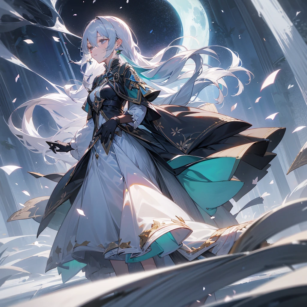 (One woman), ((Ephemeral)), Flower petals are dancing, (((No expression))), Moonlit night, Super long silver hair, Silver eyes like aurora, Noble, Noble, Long sleeves, Black, Long skirt, cool, big moon, in the forest, night sky, black gloves, silver earrings, ((not exposed))