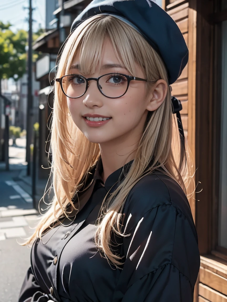 (8k, RAW Photos,Highest quality, High resolution:1.1), (Ultra-realistic:1.4),(Realistic, Realistic:1.3),The Beauty of Japan、1 person、(smile:1.1))、beret, Pink and black dress, Blonde hair and blue eyes, Round Glasses：1.2
