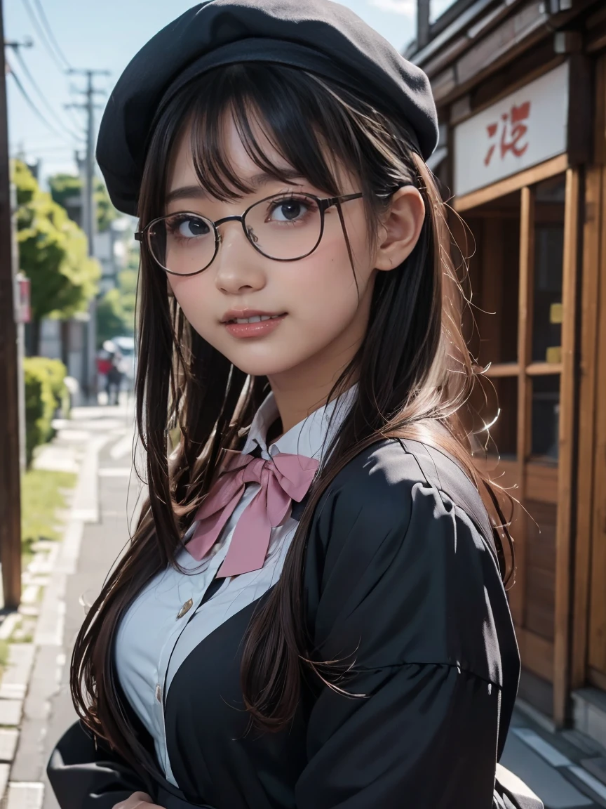 (8k, RAW Photos,Highest quality, High resolution:1.1), (Ultra-realistic:1.4),(Realistic, Realistic:1.3),The Beauty of Japan、1 person、(smile:1.1))、beret, Pink and black dress, Round Glasses：1.2
