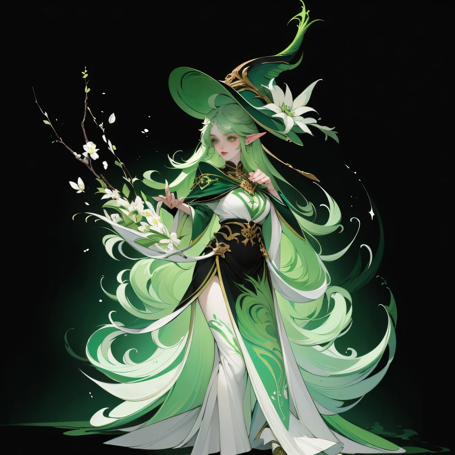 masterpiece, Green hair standing in the room、Girl with green hat, Ink Art, Style Art, Elf Girl, murata and artgerm series, very warm, Weiwei, Art style, League of Legends style, Ruan Jia and Artgerm, Art Jem Style, ! dream art