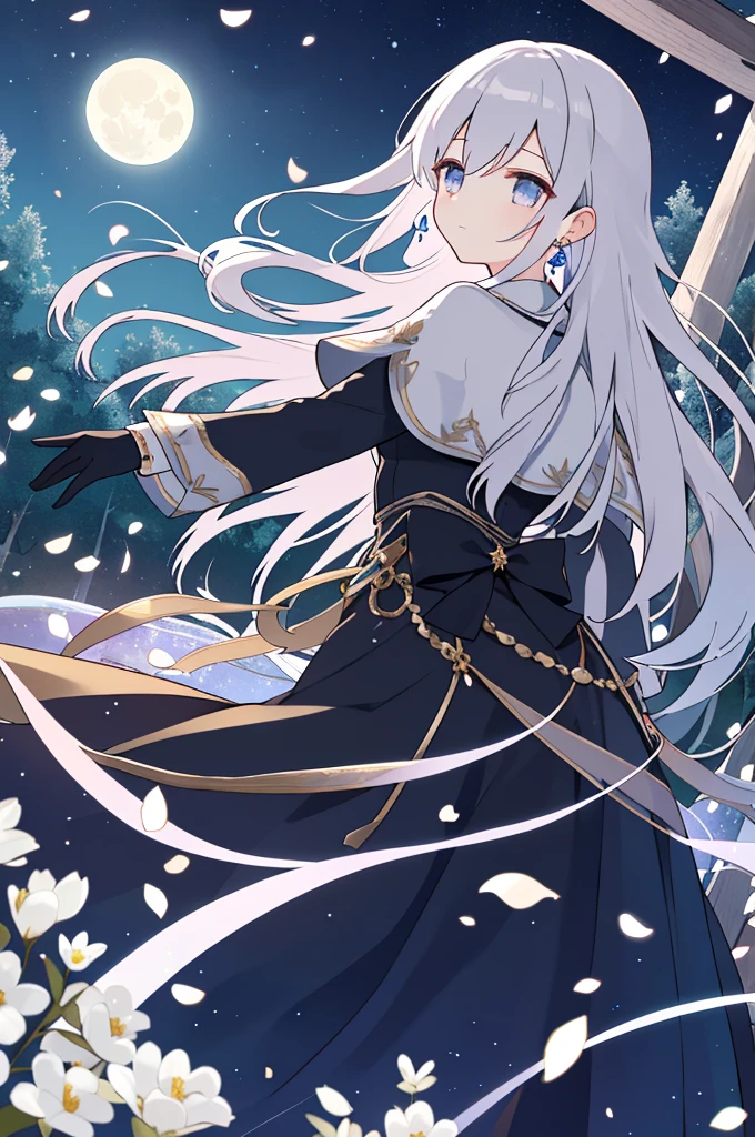 (One woman), ((Ephemeral)), Flower petals are dancing, (((No expression))), Moonlit night, Super long silver hair, Silver eyes like aurora, Noble, Noble, Long sleeves, Black, Long skirt, cool, big moon, in the forest, night sky, black gloves, silver earrings, ((not exposed))