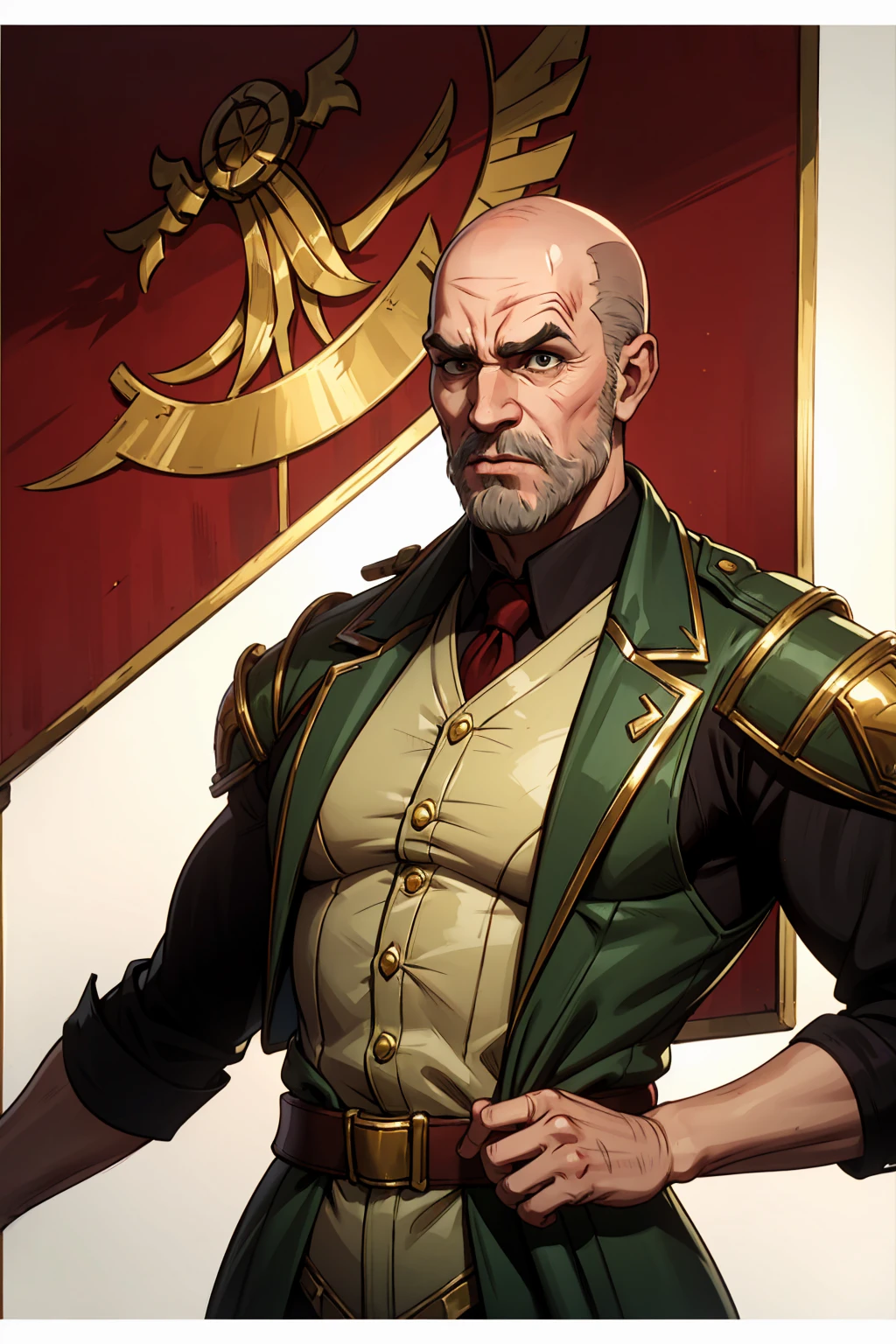 Futuristic style old male commissar inquisitpr with a grey beard and bald and scared face, (gaunt and thin body, feeble fray face), , military flak vest, with dark green open trench coat over an intricate military uniform embroidered in gold and red, saber, curissaer armor, scars, ((potrait from the waist up)), plain white background, standing