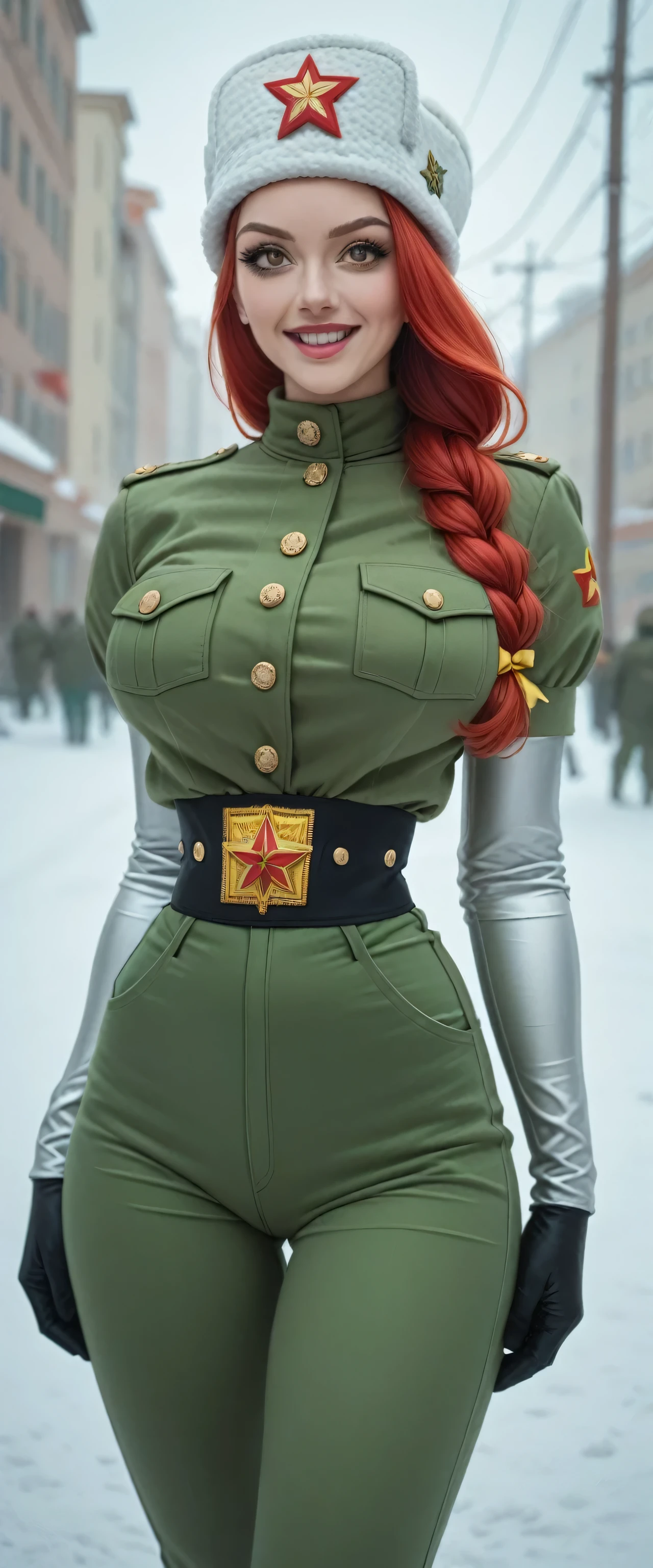 A tall sexy big breasted Soviet Russian military girl with nice friendly happy long smooth red hair her brown eye pink lip wears metallic green top black patch chest waist yellow ribbon and her big metallic green pants thigh sensual big yellow boot wears black Soviet winter cap power to throw hellish core