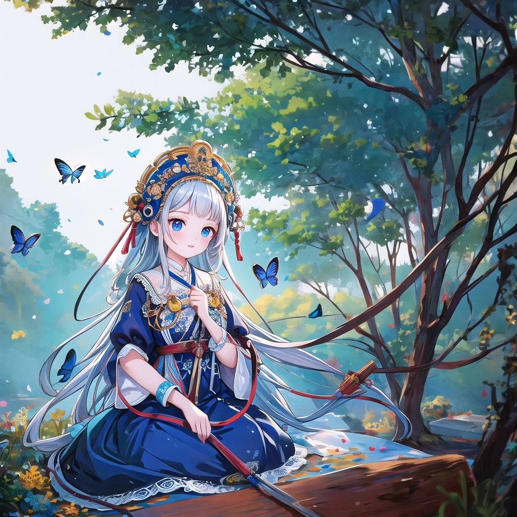 (masterpiece), (best quality), illustration, Super detailed, HDR, Depth of Field, (rich and colorful), ,,This is a masterpiece that exudes exceptional quality. The illustration is ultra-detailed, Using HDR technology to create a sense of depth. The theme is original, Beautifully, and Beautifully artwork, Vivid colors，Full of fantasy elements. Girl sitting on the seashore, surrounded by running water, The background is a dark blue world tree, Located in the cemetery. The tranquil and dreamy atmosphere gives the whole scene a soulful and charming temperament. her pale complexion, Blue eyes sparkling, And silver hair dotted with flowers，It makes for a fascinating portrait. She is wearing Lolita style clothes, Poker face，Mouth tightly shut. Background ranges from white, transparent, Cycle Options, There are also translucent blue butterflies flying around，Adds vitality to the work.