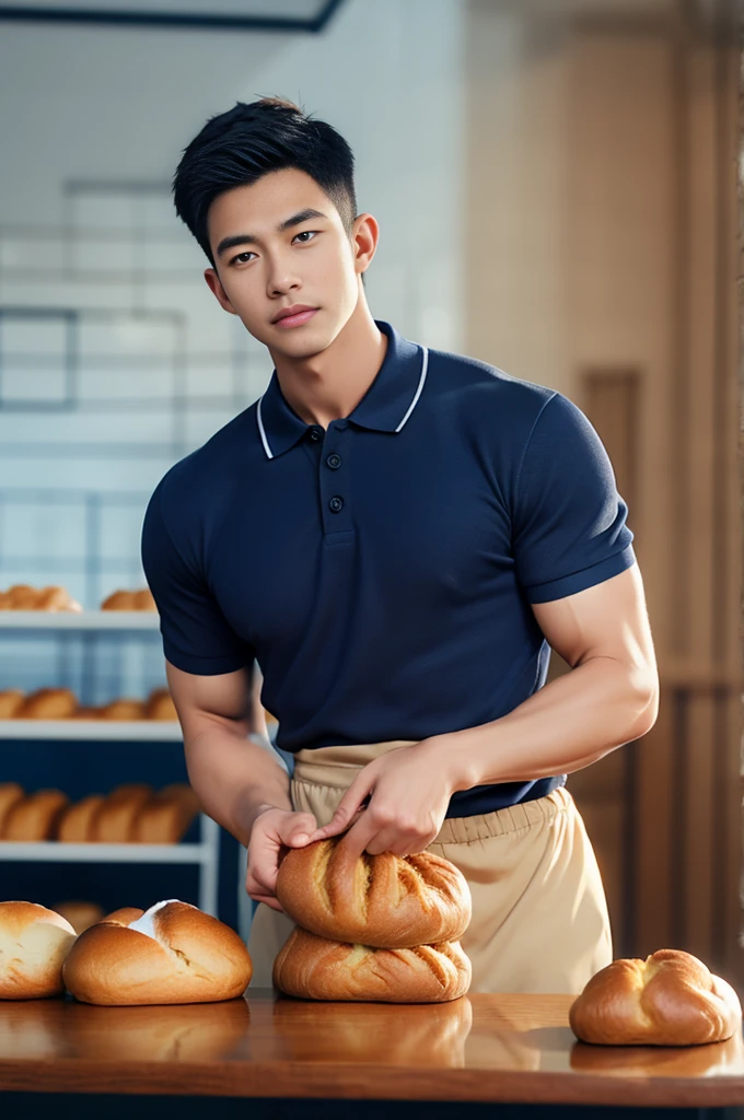 (armface:1.3) , Handsome young man standing, (have a mustache:0.8) , (short hair:1.2),(polo shirt:1.2), (Navy blue shirt:1.2),black pants, Big muscles, Handsome and muscular, full body angle, (Making bakery goods, bread:1.1) ,(Blurred background:1.5)