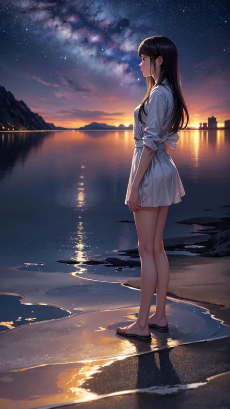 masterpiece，highest quality，realistic lighting，ultra-high resolution，（realism，フォトrealism：1.48），night， women are，profile，standing...