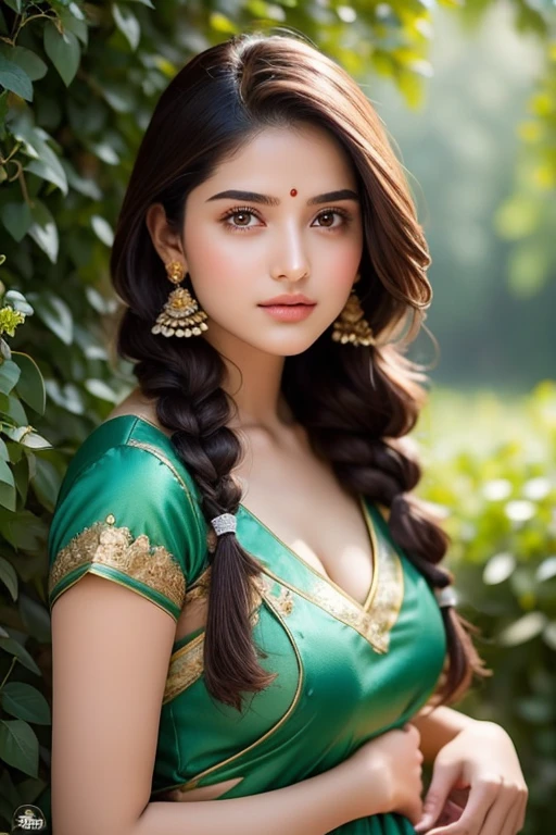 A breathtakingly beautiful and very young South Indian village girl in an extraordinarily detailed and vibrant UHD, 16K resolution, HDR, ray-traced, highly-detailed masterpiece. Her perfect face is framed by iridescent brown hair adorned with twin braids accented by flowers, cascading down to her slim waist. Her eyes are big and dreamy, with an insanely perfect gaze, encircled by shy blushes. They seem to sparkle like jewels, illuminated by the stunning natural light streaming through an atmospheric lens flare. Her perfect, clear skin gleams with a natural sheen, showcasing a porcelain complexion enhanced by flawless makeup. She wears a traditional South Indian silk blouse and half-sare, accentuating her teenage cuteness and delicate features. Her perfect hands and fingers are delicately positioned, holding a bouquet of roses and a single flower stem, adding to the dynamic action of the photo. The intricate illustrations in the background depict lush green agricultural fields, creating an elemental and feature-filled scene that perfectly complements the beauty of the girl. Every detail in the image is rendered with the utmost clarity, from the shiny skin to the perfect lighting and shadows, making it a true masterpiece of photography and art.