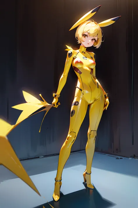 1girl, solo, brown eyes, breast, blonde hair, short hair, plugsuit, standing, full body, pikachu