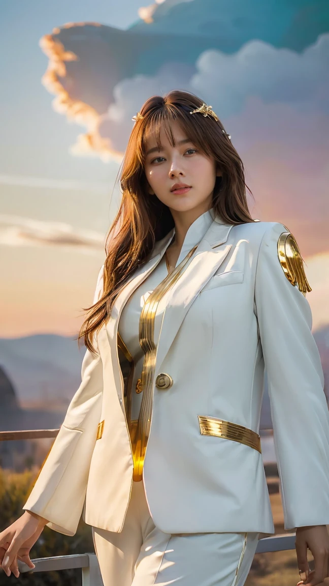 ((Masterpiece, best quality, very detailed), Volumetric light, surrounding occlusion, Rich and colorful, glow), 1 woman, lonely, young girl, (Brown bangs), long hair, radius, radius, sacred, goddess, Priesthood, (White suit with gold trim:1.3), armor, outdoor, sunset, sky, cloud, space, (Fantasy Theme:1.2),