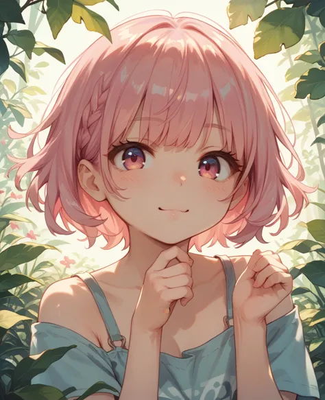 a cute girl with short pink hair, her bangs don't let her eyes be seen while she smiles flirtatiously