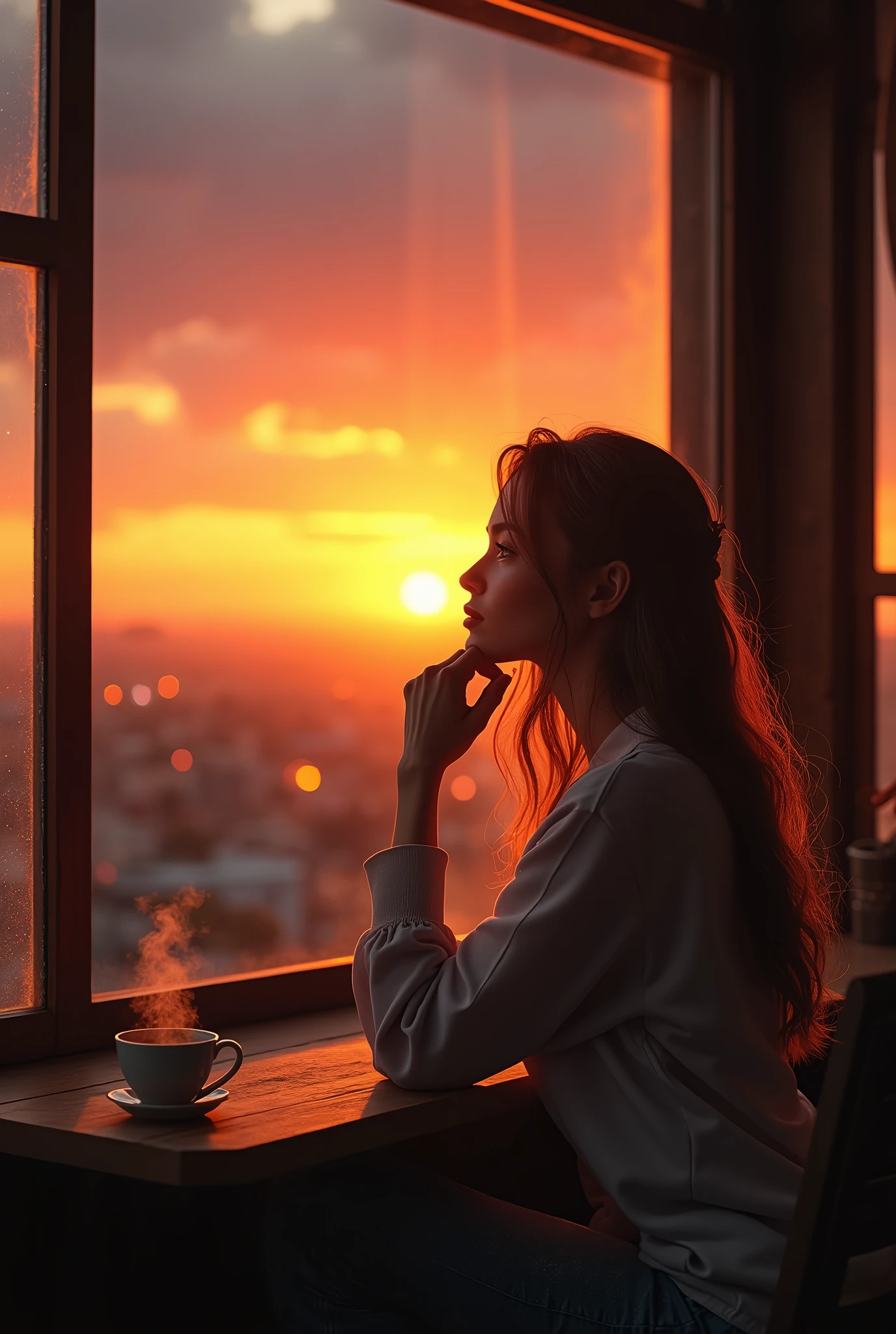 A coffee shop bathed in the evening sunlight、A beautiful woman waiting for someone at a window seat、I put my hand on my chin and look outside, watching the sunset、Beautiful photos