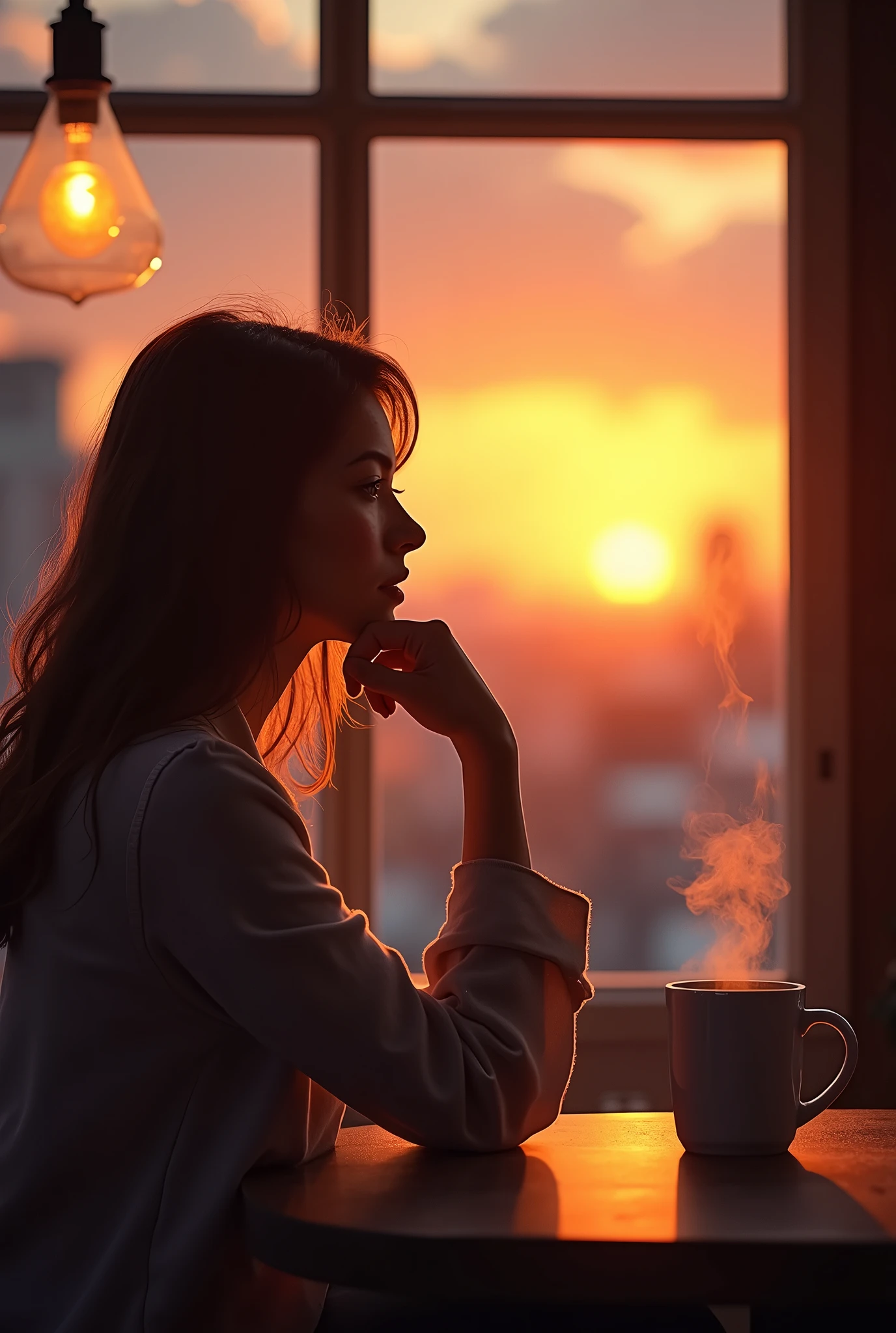 A coffee shop bathed in the evening sunlight、A beautiful woman waiting for someone at a window seat、I put my hand on my chin and look outside, watching the sunset、Beautiful photos