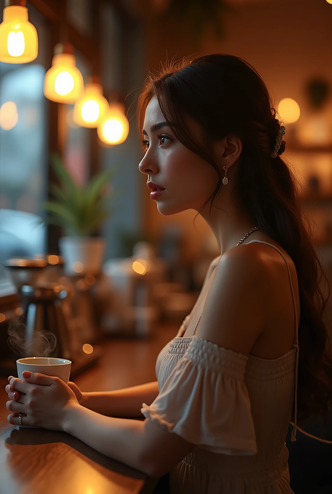 A coffee shop bathed in the evening sunlight、A beautiful woman waiting for someone at a window seat、I put my hand on my chin and look outside, watching the sunset、Beautiful photos