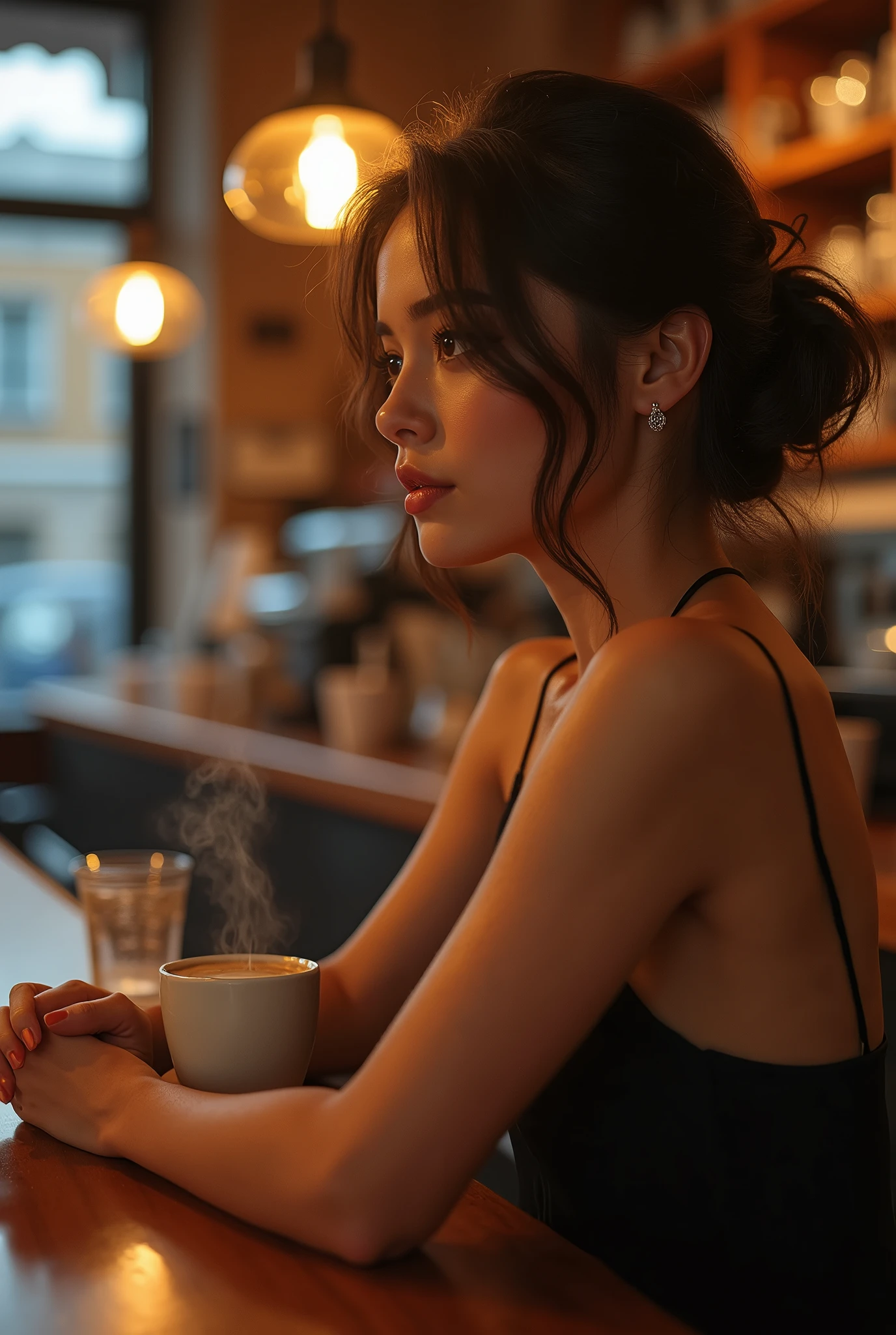 A coffee shop bathed in the evening sunlight、A beautiful woman waiting for someone at a window seat、I put my hand on my chin and look outside, watching the sunset、Beautiful photos