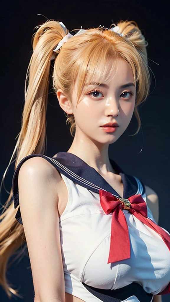 (（（Perfect body,White and tender skin,（（（Blue and white sailor suit, Black high heels, There is a bright red bow on the chest）））,（（（SMU Sasaki Tsukino，#100: Fine and Soft Blonde Hair, Crystal clear and delicate skin, Bright blue eyes, Thin cherry lips,,）））,((masterpiece)),high resolution,((Best quality at best)),masterpiece,quality,Best quality,(（（ Exquisite facial features,Looking at the audience,There is light in the eyes,(（（Ha ha，Happy））），）））,（（（Light and Shadow,Huge breasts,）））,（（（Looking at the camera,black background,)））)