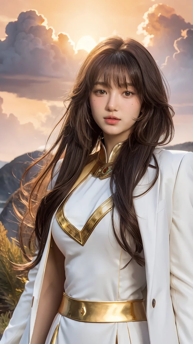 ((Masterpiece, best quality, very detailed), Volumetric light, surrounding occlusion, Rich and colorful, glow), 1 woman, lonely, young girl, (Brown bangs), long hair, radius, radius, sacred, goddess, Priesthood, (White suit with gold trim:1.3), armor, outdoor, sunset, sky, cloud, space, (Fantasy Theme:1.2),