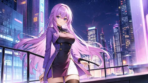 woman　clear　light purple hair　　coat　　slender　　　china cityscape