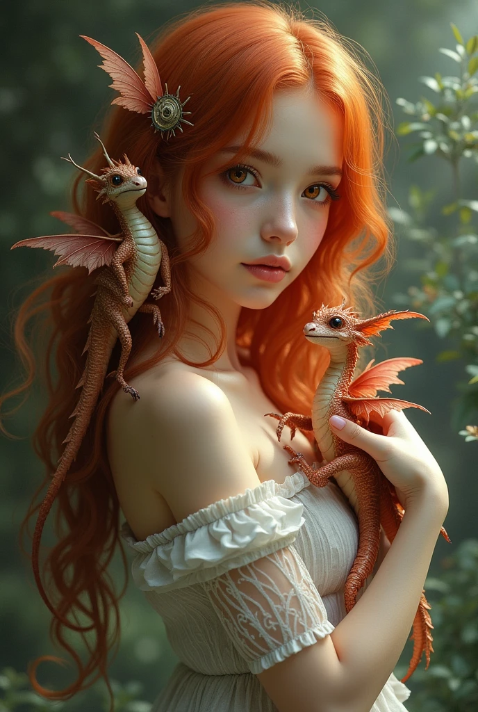 20 year old red hair Girl holding 2 dragon babys,one dragon baby on her shoulder, naked, clockwork fairy, (Gabriel Pacheco&#39;s style page), DonMSt34mPXL, (Best Quality,4k,8k,High resolution,masterpiece:1.2),ultra detailed,(realist,photorealist,photo-realist:1.37),intricate details,exquisite craftsmanship,awesome lighting,vibrant colors,Dream fantasy,delicate features,Porcelain skin, fascinating red eyes, elegant pose,ethereal atmosphere, full body shot from the side