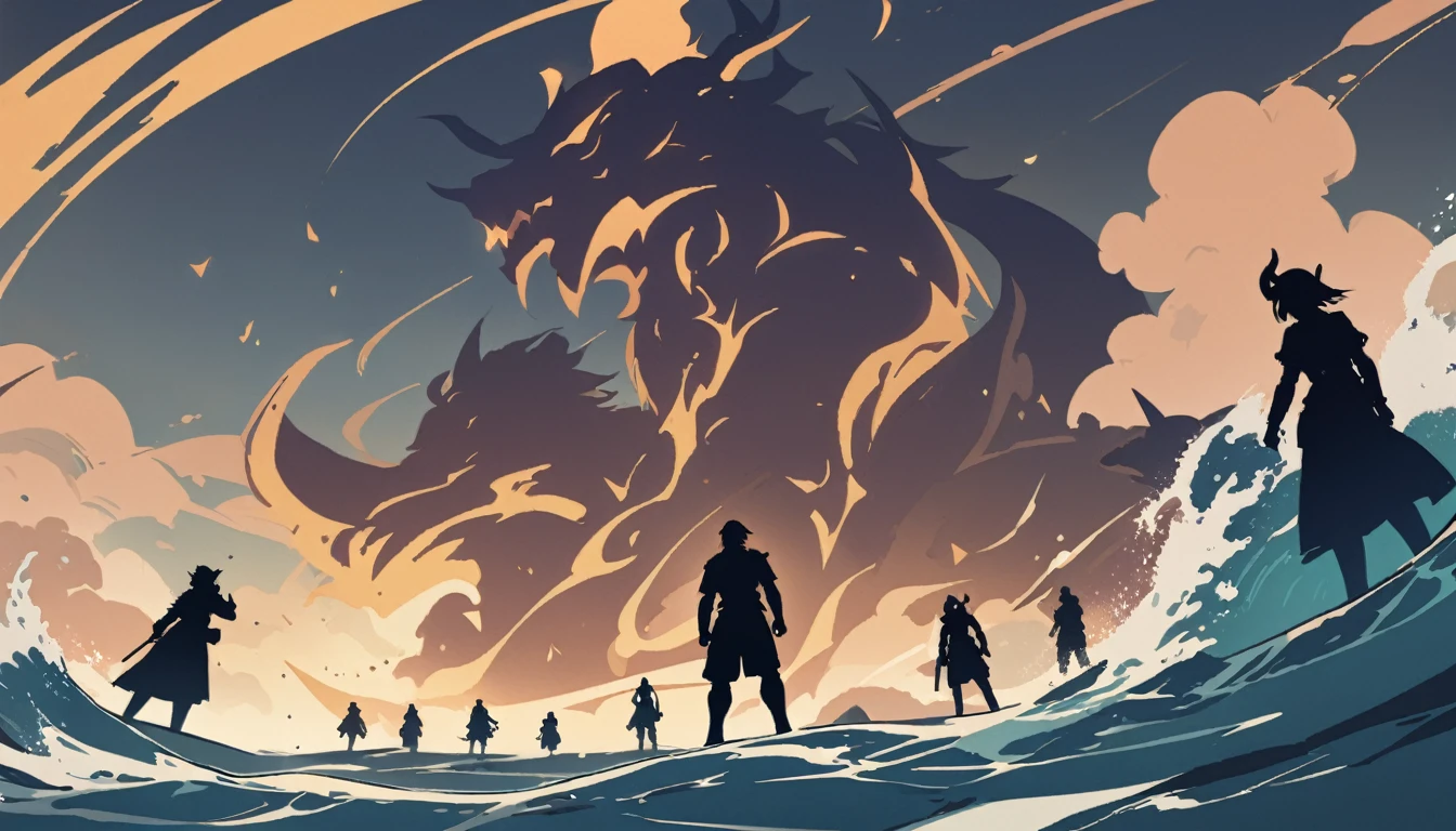 5 people, standing in a line, adults, dragon people, chinese style, vidyadhara, front view, floating, centered, silhouette, shapes, splitting the sea, water powers, water, waves, clouds, flat vector, outlines, honkai star rail, horns, elf ears, silhouette, illuminating the sky, hd, vector, illustrated, hd, 4k detailed, high quality, artistic, 