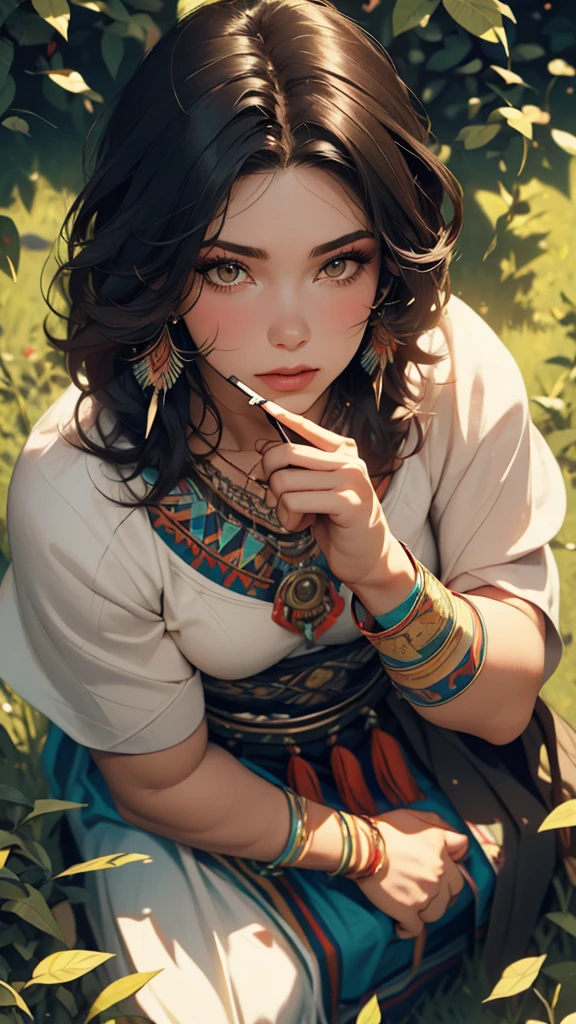 ((high detailed, best quality, 4k, masterpiece, hd:1.3)), ((best quality)), (((HD))), (((8k))), (ultraDH), (ultra HD), a native amarican woman, sitting in open grassland, wearing stereotypical feathered native american garb, smoking a peace pipe, gorgeous scenery, cinematography in style of peter jackson, (from above:1.3), (beautiful face:1.6), (heavy colorful makeup), (perfect hands, perfect anatomy)