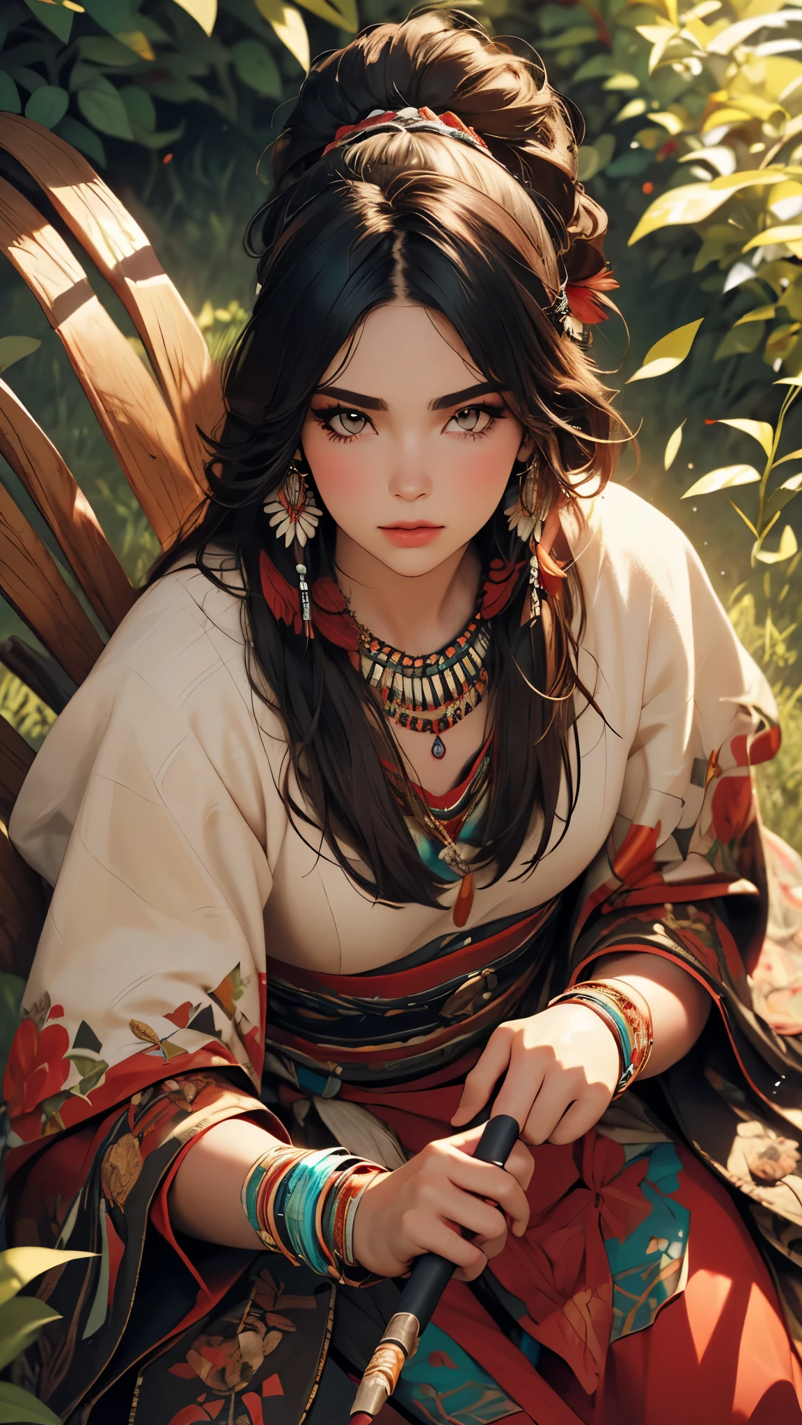 ((high detailed, best quality, 4k, masterpiece, hd:1.3)), ((best quality)), (((HD))), (((8k))), (ultraDH), (ultra HD), a native amarican woman, sitting in open grassland, wearing stereotypical feathered native american garb, smoking a peace pipe, gorgeous scenery, cinematography in style of peter jackson, (from above:1.3), (beautiful face:1.6), (heavy colorful makeup), (perfect hands, perfect anatomy)