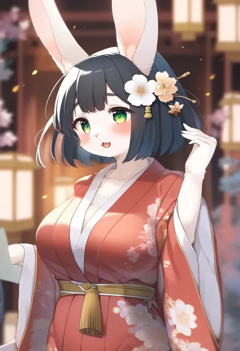 ((Masterpiece)), ((Best Quality)), (Very Detailed), ((Very Detailed)), 4K, (8K), very aesthetic, absurdres highres, 1 womans, (anthropomorphic Rabbit, furry, kemono:1.5), japanese clothes, green eyes, solo, kimono, black hair, short hair, hair ornament, red kimono, blush, floral print, sash, bob cut, obi, wide sleeves, long sleeves, breasts, upper body, flower, hair flower, open mouth, blurry, yellow sash, :o, tassel, print kimono, blurry background, medium breasts, lantern, tassel hair ornament, paper lantern, parted lips