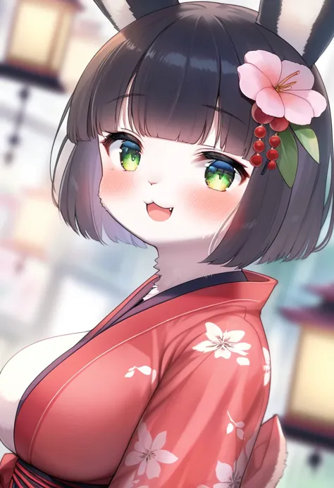 ((Masterpiece)), ((Best Quality)), (Very Detailed), ((Very Detailed)), 4K, (8K), very aesthetic, absurdres highres, 1 womans, (anthropomorphic Rabbit, furry, kemono:1.5), rating:safe, japanese_clothes, kimono, hair_ornament, black_hair, short_hair, breasts, blurry, green_eyes, solo, floral_print, depth_of_field, obi, large_breasts, upper_body, sash, blurry_background, bangs, eyebrows_visible_through_hair, blush, indoors, hair_flower, flower, wide_sleeves, looking_at_viewer, bob_cut, long_sleeves, blunt_bangs, red_kimono, open_mouth, from_side, print_kimono, lantern, lamp, :o