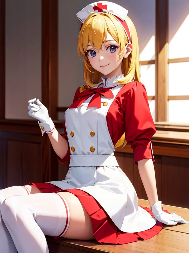 (best quality,4k,highres:1.2),ultra-detailed,realistic:1.37,portraits,vivid colors,indoor lighting

Girl with red ribbon on a headband is sitting at a table. She has beautiful blond hair and is wearing a nurse:1.5, white wear, ((white legwear, zettai ryouiki)), white gloves. She is looking at the viewer with an adorable smile. The scene has a very detailed background with perfect lighting. The girl is lifting her skirt slightly, revealing a pair of red panties with a pointed style from the bottom. The overall image should have the best quality, be in high resolution, and have vivid colors. The style of the image should be realistic with a focus on portraits. The lighting should create a warm and inviting indoor atmosphere.