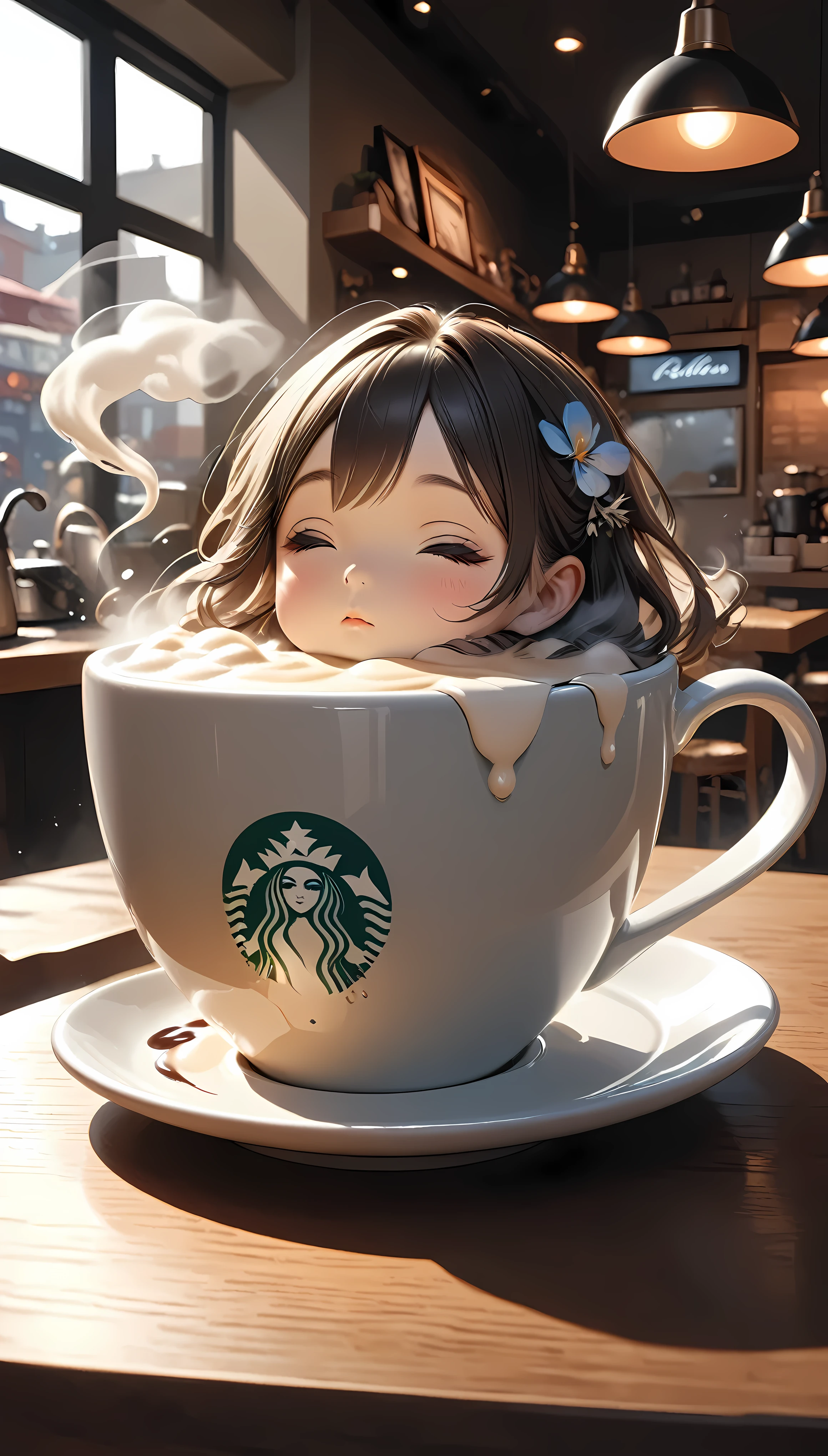 Minimal Deformation, cute, One Girl, Coffee-colored skin, Inside a coffee cup, Filled with hot milk, Relaxing like a bath, steam, BREAK Realistic coffee shop background, ARW