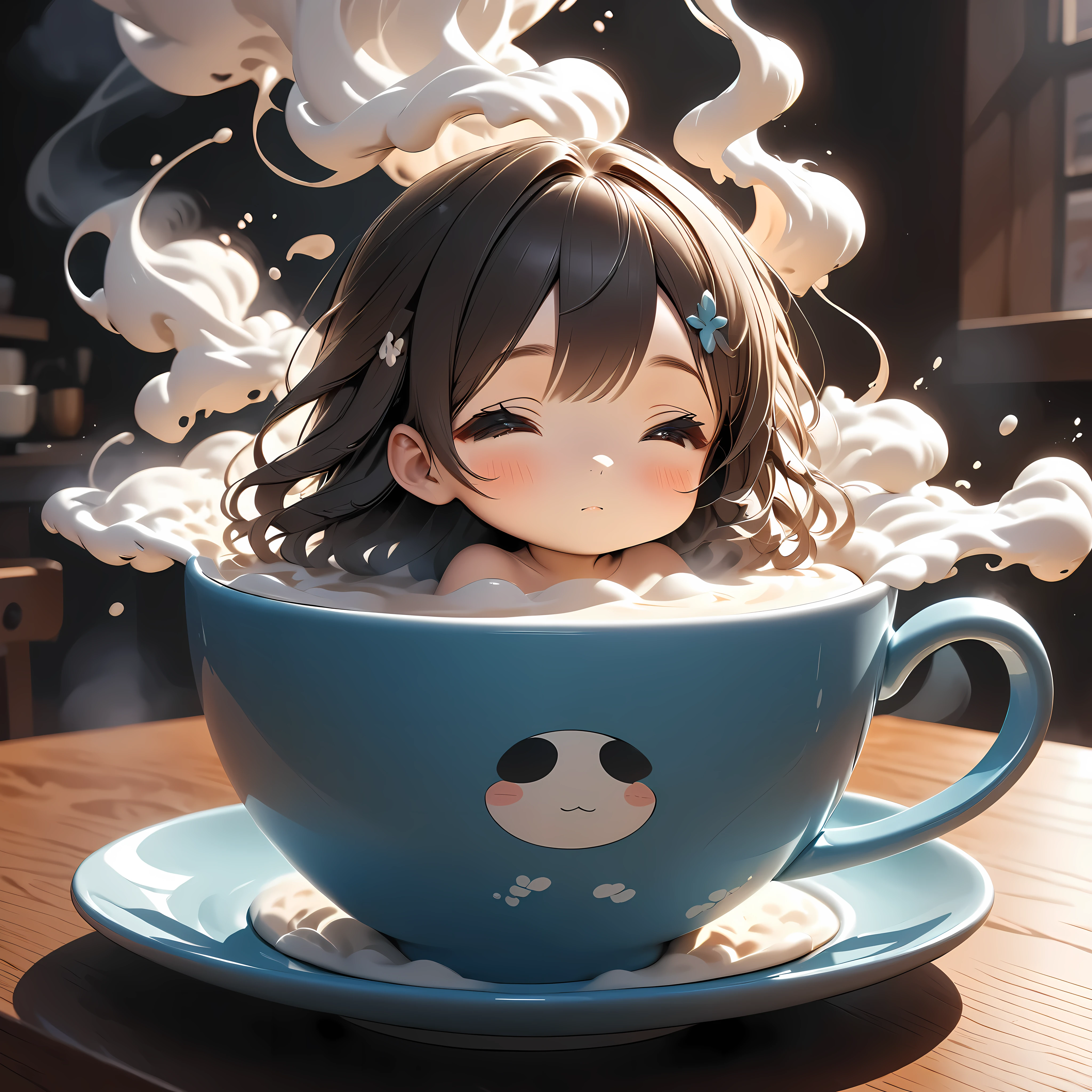 Minimal Deformation, cute, One Girl, Inside a coffee cup, Filled with hot milk, Relaxing like a bath, Coffee-colored skin, steam, ARW