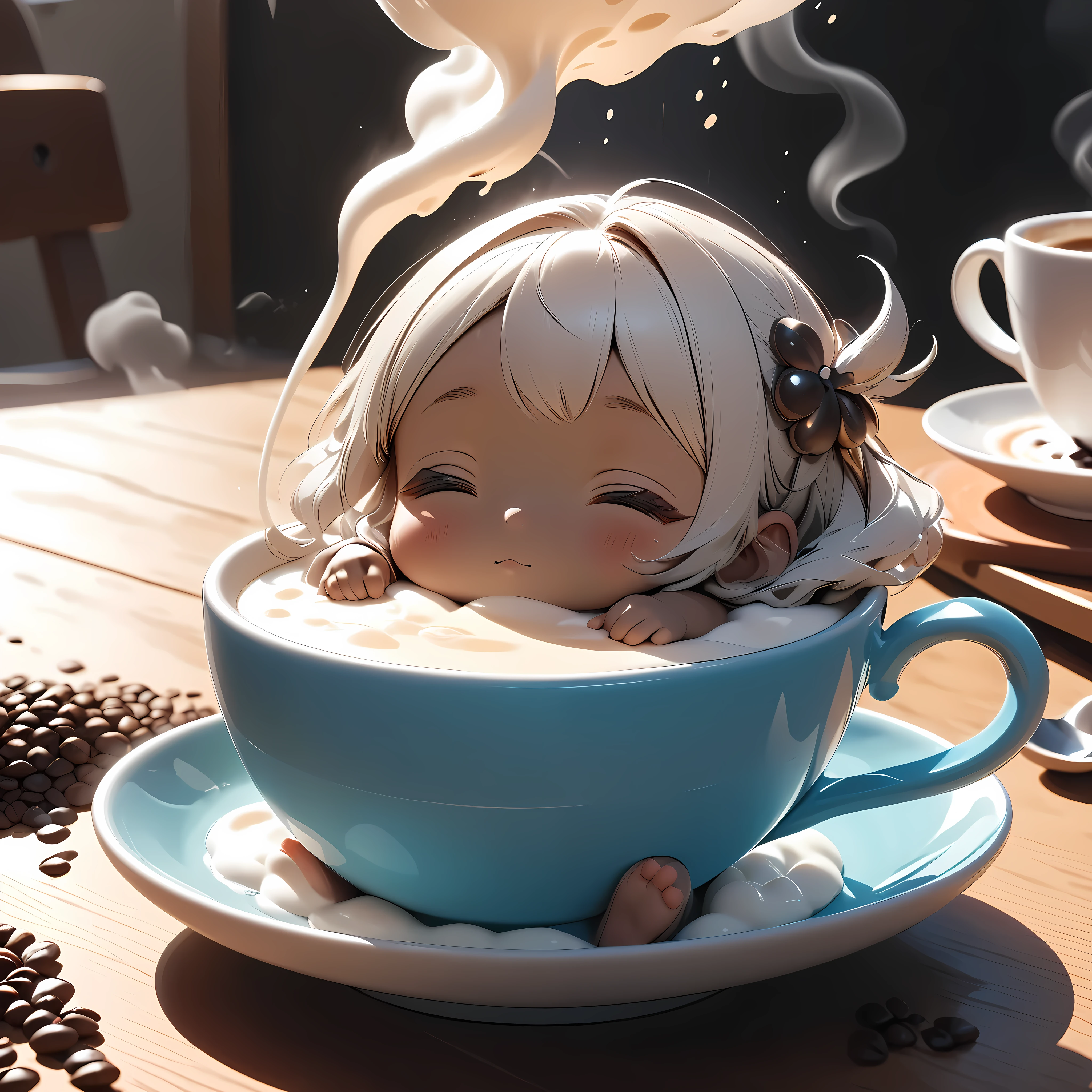 Minimal Deformation, cute, One Girl, Inside a coffee cup, Filled with hot milk, Relaxing like a bath, Coffee-colored skin, steam, ARW