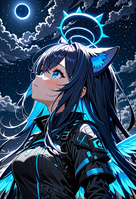 8k ultra high-quality, ultra-detailed, high quality, dark blue hair, neon blue inner layer hair, long hair, cat ears, gloves, ne...