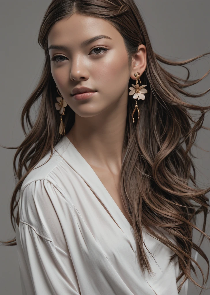 Highest quality, comics_Portraiture, One girl, alone, Long Hair, View your viewers, Simple Background、Chestnut Hair, hair ornaments, Brown eyes, Braiding, Earrings, parted lips, Gray background, lips, single Braiding, Hair that falls over the shoulders, flower Earrings, 