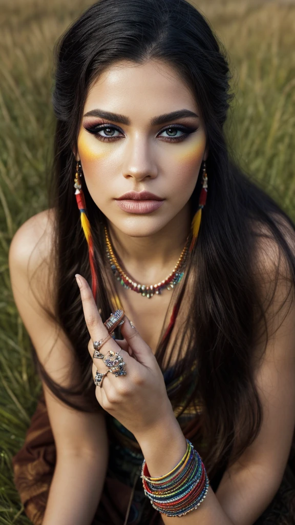 ((high detailed, best quality, 4k, masterpiece, hd:1.3)), ((best quality)), (((HD))), (((8k))), (ultraDH), (ultra HD), full-body photo, a native amarican woman, sitting in open grassland, wearing stereotypical feathered native american garb, smoking a peace pipe, gorgeous scenery, cinematography in style of peter jackson, (from above:1.3), (beautiful face:1.6), (heavy colorful makeup), (perfect hands, perfect anatomy)