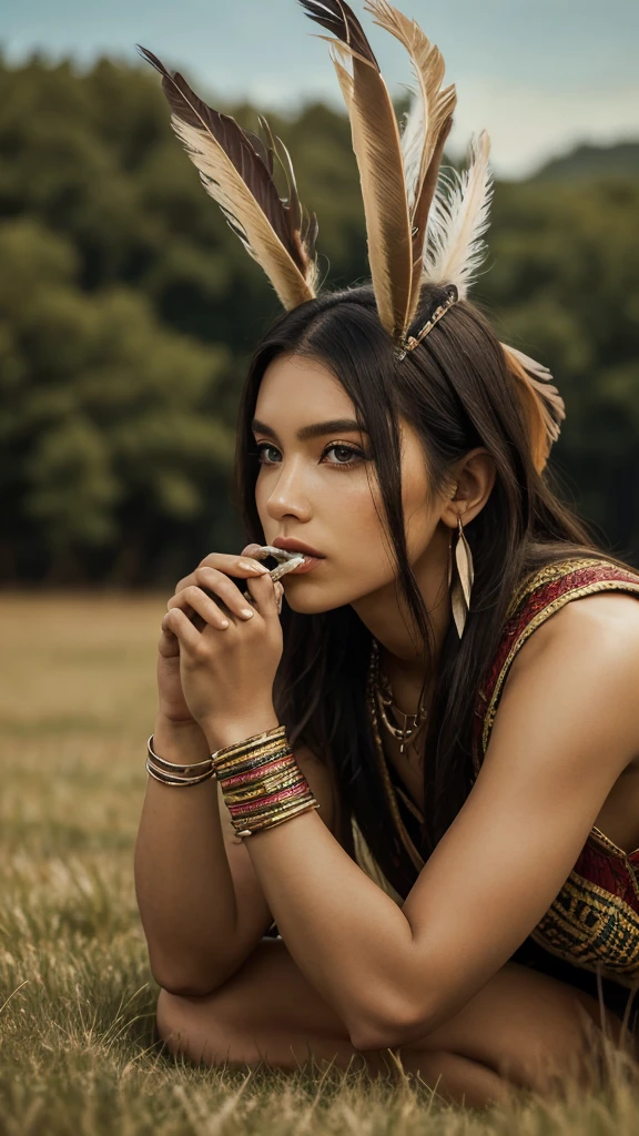 ((high detailed, best quality, 4k, masterpiece, hd:1.3)), ((best quality)), (((HD))), (((8k))), (ultraDH), (ultra HD), full-body photo, a native amarican woman, sitting in open grassland, apache leather boots, wearing stereotypical feathered native american garb, smoking a peace pipe, gorgeous scenery, cinematography in style of peter jackson, (from afar:1.4), (beautiful face:1.6), (heavy colorful makeup), (perfect hands, perfect anatomy)