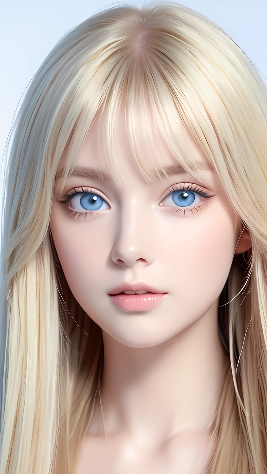 Very beautiful, silky, super long blonde hair、Very cute beautiful face、messy bangs between the eyes、So perfect beautiful cute face、Clear, beautiful, very bright, pale sky blue eyes、Very big eyes、White glossy skin、Gloss Face、Cheek gloss、eyeliner、Double eyelids、A beautiful girl、Small Face Beauty、round face