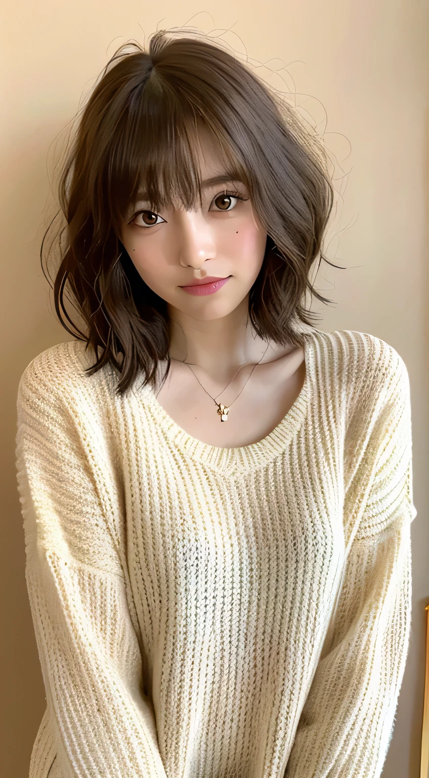 (best quality、8K、32K、masterpiece、Reality:1.4、Hum:1.2)、Cute photos of Japanese women、Large target:1.4、Super Short Bob Hairstyle、Especially the upper body、Face Focus、Extra Large_sweater、necklace、Simple background、from above、Looking at the audience、cleveage:1.5、Balanced body、Adult clothing、Put on your jacket、Young girl in her 20s、Beige wall background、indoor、Soft lighting、Straight Hair、Light brown hair with visible neck、Hair length short to&#39;Shoulder-length、Remove the earrings