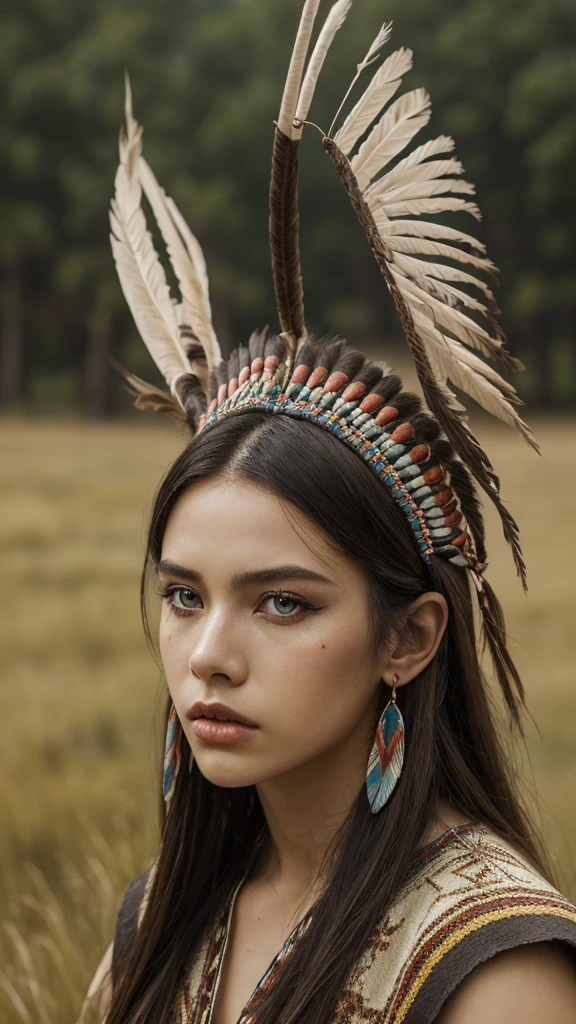 ((high detailed, best quality, 4k, masterpiece, hd:1.3)), ((best quality)), (((HD))), (((8k))), (ultraDH), (ultra HD), full-body photo, a native american woman, standing in open grassland, teepee in background, apache leather boots, native american, native american headdress, wearing stereotypical feathered native american garb, smoking a peace pipe, gorgeous scenery, cinematography in style of peter jackson, (from afar:1.4), (beautiful face:1.6), (heavy colorful makeup), (perfect hands, perfect anatomy)